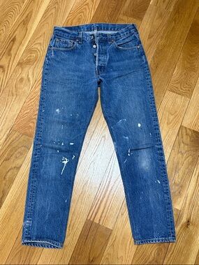 Classic Vintage Levi’s 501 Blue Denim Jeans - Workwear Style - Paint Splatter
